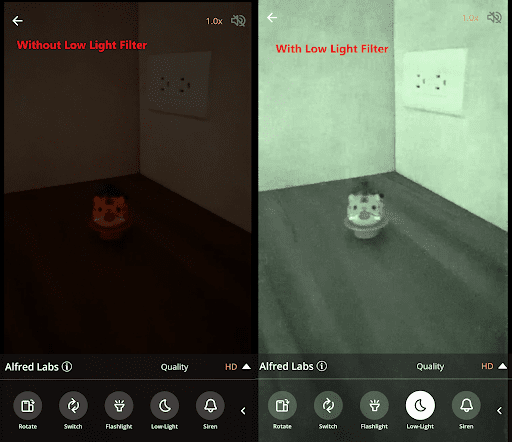 Side-by-side camera view of a dark room, without and with the Low-Light Filter.