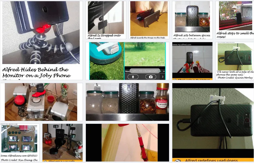 A collage of phones set up as AlfredCamera security cameras around the home