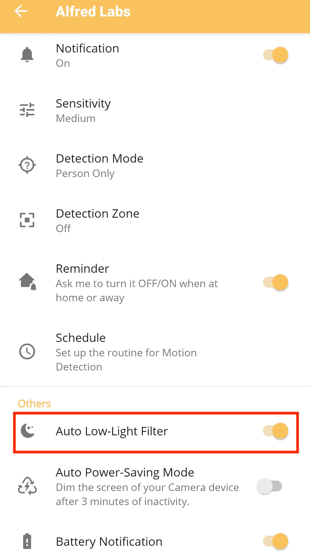 AlfredCamera camera settings with the Auto Low-Light Filter toggle highlighted under Others.