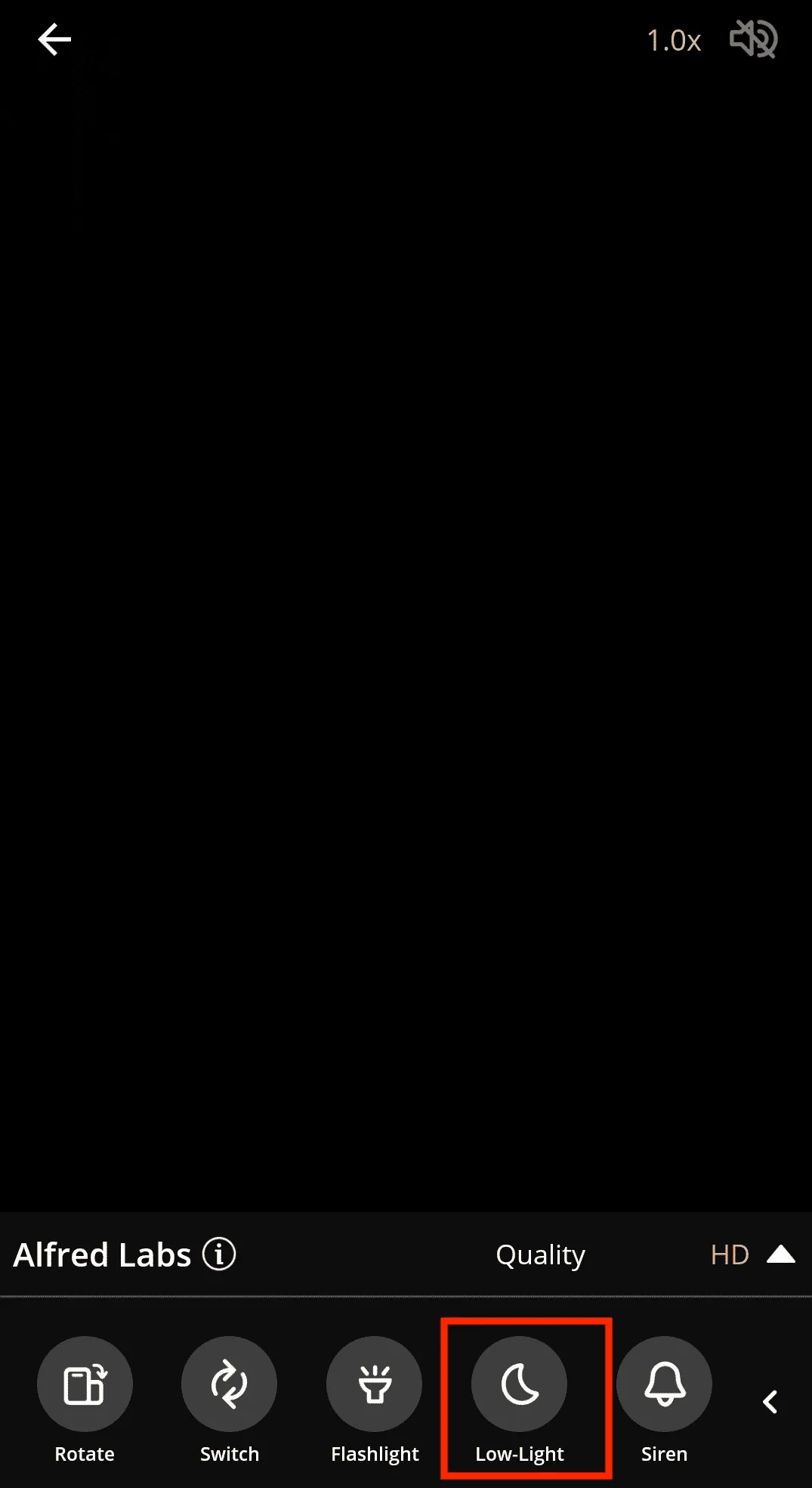 AlfredCamera live view with the moon-shaped Low-Light button highlighted.