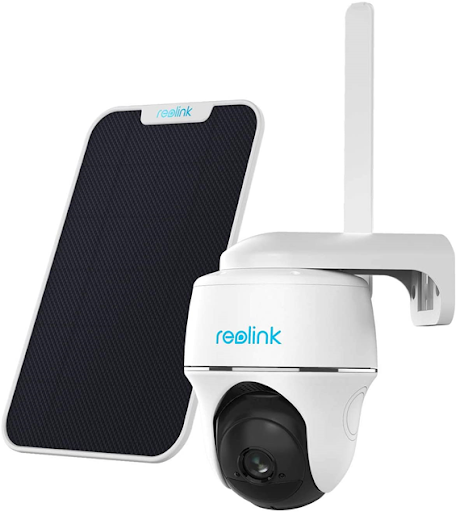 The Reolink Go PT next to its solar powered charging panel.