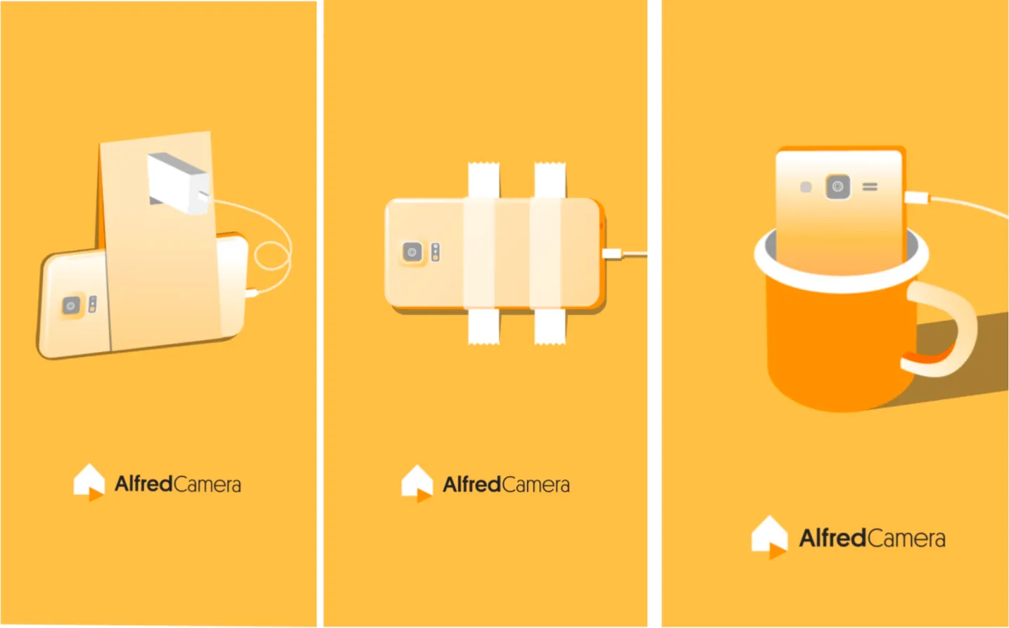 AlfredCamera being set up in a variety of ways to turn an old phone into a security camera, including being taped to the wall and conspicuously concealed within an old mug.