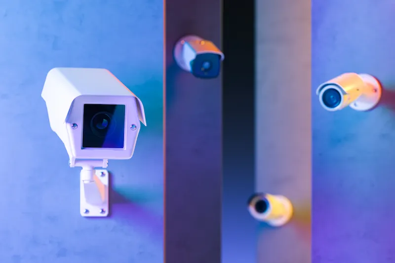 Three white security cameras mounted on walls under blue and purple light