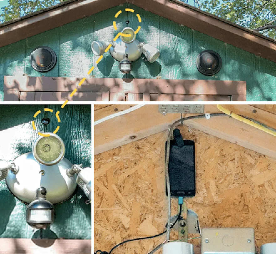 Phone mounted inside a shed watching through a small hole drilled in the wall above an outdoor floodlight