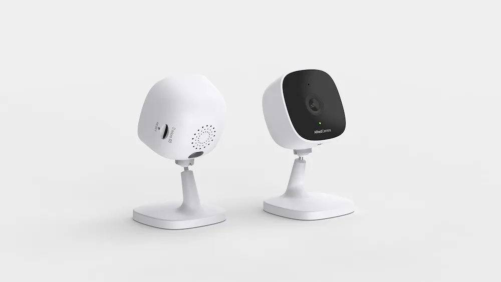 Two white AlfredCam cameras, one showing the front and one the back