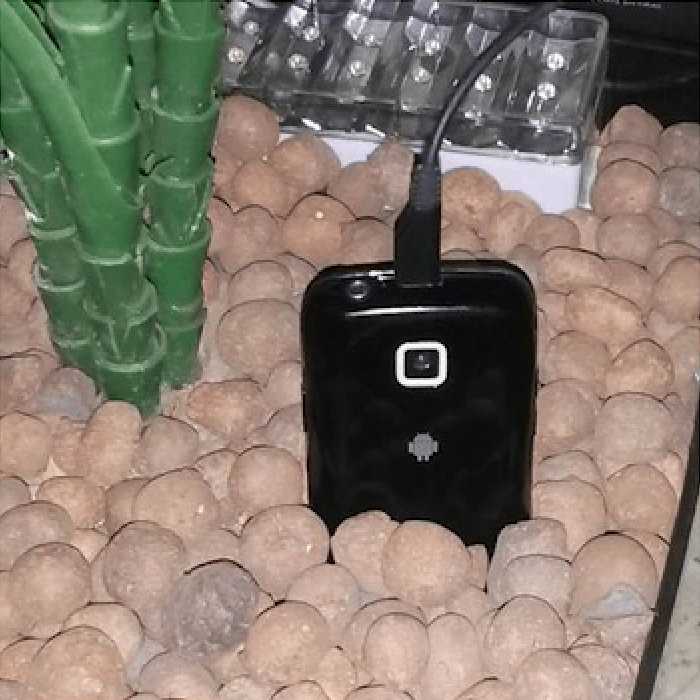 A black Android phone standing among clay pebbles in a plant pot, with a charging cable attached.