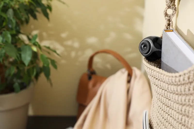 A small black hidden camera tucked into a woven hanging bag next to a book