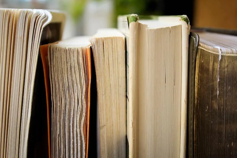 A stack of books line a shelf