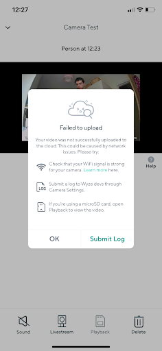 Motion detected events failed to upload notice pop up