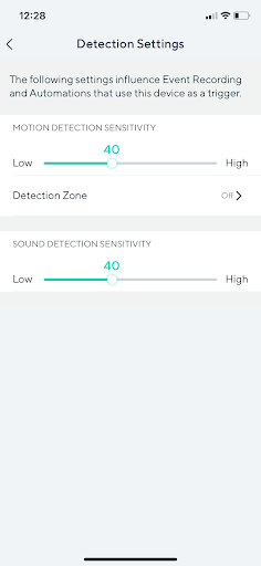 Wyze app Detection Settings screen with motion and sound sensitivity sliders both set to 40