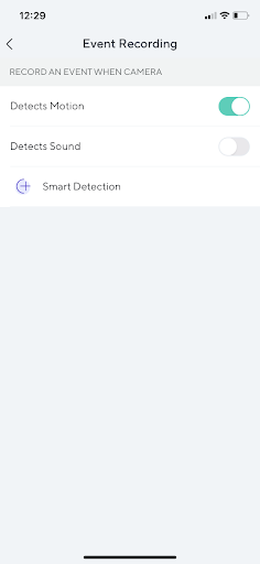 Wyze app Event Recording screen with Detects Motion switched on and Detects Sound off