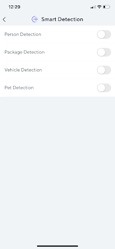 Wyze app Smart Detection screen listing person, package, vehicle and pet detection toggles, all off