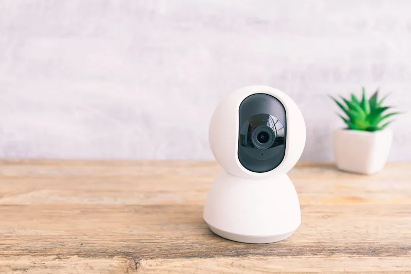 a wireless security camera placed on a wooden table
