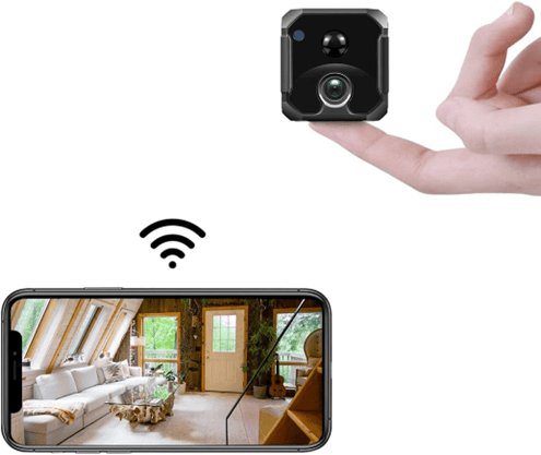 Arebi 8C Pro 4K mini camera held on a fingertip, with a phone showing its live feed