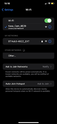 iPhone Wi-Fi settings showing the phone connected to the camera’s Kasa_Cam network