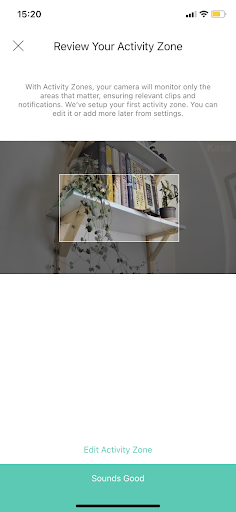 Review Your Activity Zone screen in the Kasa Spot Pan Tilt app