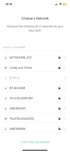 Kasa Spot Pan Tilt onboarding choose a network page