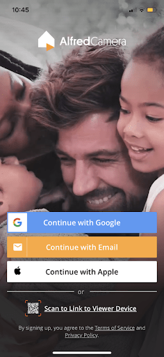 AlfredCamera sign-in screen with Google, Email and Apple options