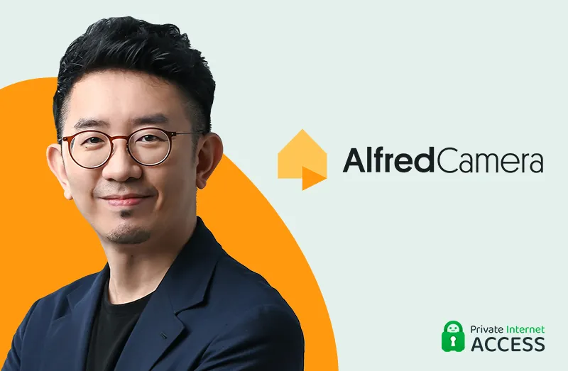 Alex Song, CEO of AlfredCamera, beside the AlfredCamera logo