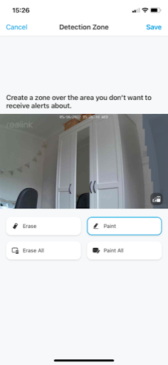 Motion detection alert zones determined using 'paint' tool in Reolink app.