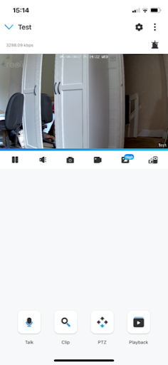Reolink app live view screen with talk, clip, PTZ and playback buttons