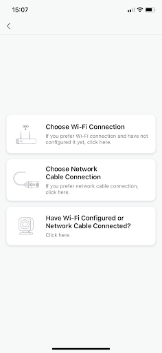 Reolink app screenshot showing instructions to select a network connection for the camera.