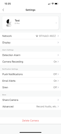 Reolink app settings menu