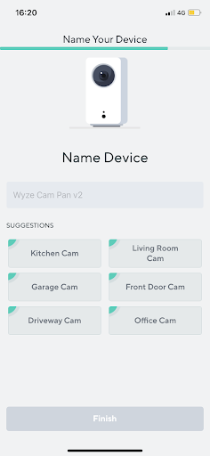 Wyze app screen for naming the new camera, with suggestions such as Kitchen Cam and Garage Cam