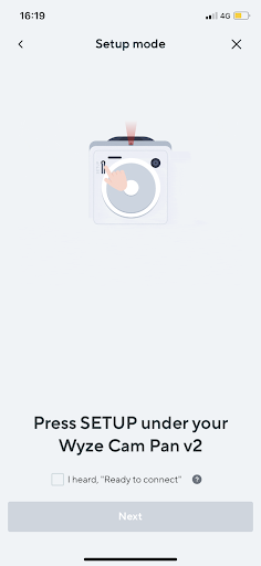 Wyze app onboarding instruction screen - Prompt to setup the device