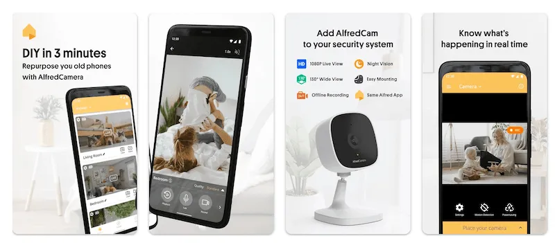 AlfredCamera app screenshots on Google Play showing live view on a phone and the AlfredCam indoor camera