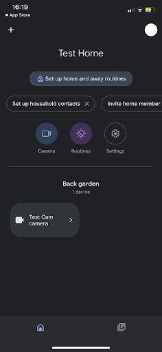 Google Home app home screen showing a Test Cam camera and routines