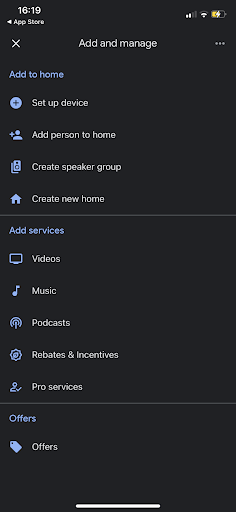 Google Home app Add and manage menu with Set up device option