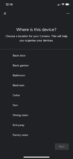 Google Home app - screenshot of camera placement setup