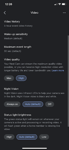 Google Home app - screenshot showing quality settings