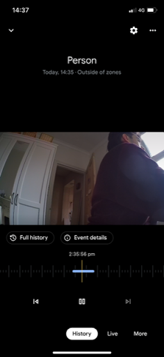 Nest Cam - Screenshot showing an 'event' in the 'History' tab of the app