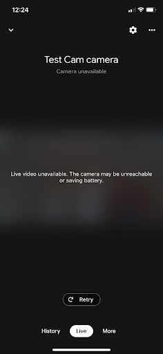 Google Home app - Screenshot showing failed connection to camera in Google Home app