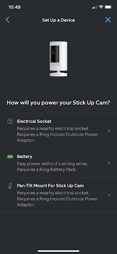 Ring app screenshot showing device setup (power source).