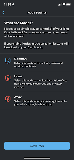 Ring app screenshot showing mode settings.