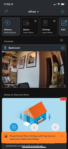 Ring app screenshot showing the main menu of the app.