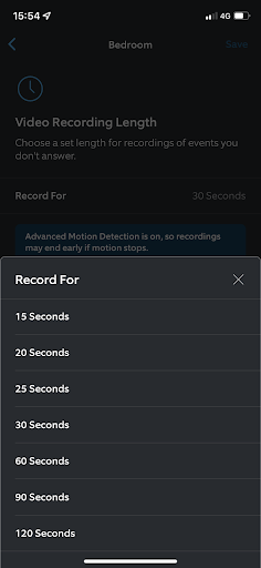 Ring app screenshot showing video recording length setup.