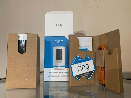 Ring Stick Up Cam (Battery) contents on a table.