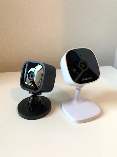 Blink Mini (black) pictured alongside AlfredCam (white) comparison 1
