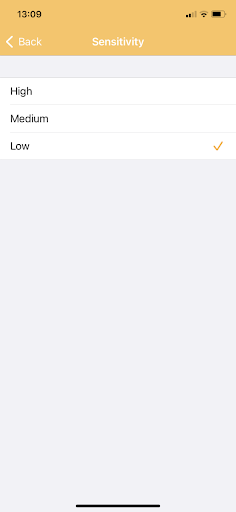 AlfredCamera Sensitivity screen with High, Medium and Low options, Low selected