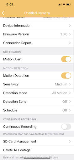 AlfredCamera camera settings screen showing Motion Detection on and Sensitivity set to Medium