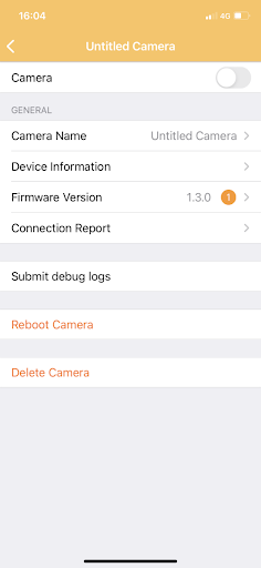 AlfredCamera camera settings screen with the Camera toggle turned off