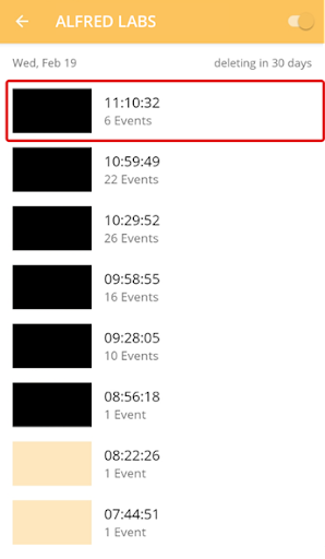 AlfredCamera Event Book listing event groups by time, with the latest group highlighted