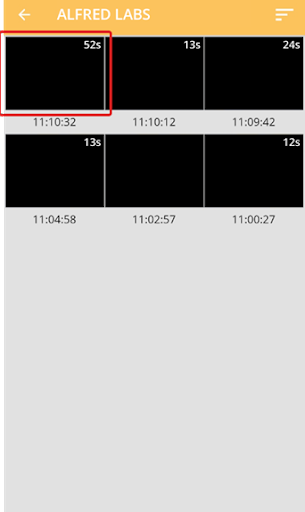 AlfredCamera event group showing recorded clips with their lengths, first clip highlighted
