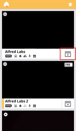 AlfredCamera camera list with the Event Book icon highlighted in red