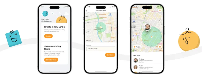 AlfredCircle app screens showing how to create a Circle, add a Place and view family locations on a map