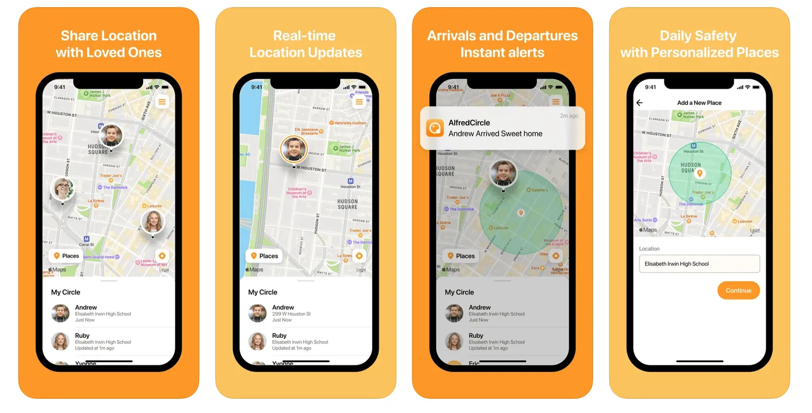 AlfredCircle app screens showing shared locations, real-time updates, arrival alerts and personalized Places